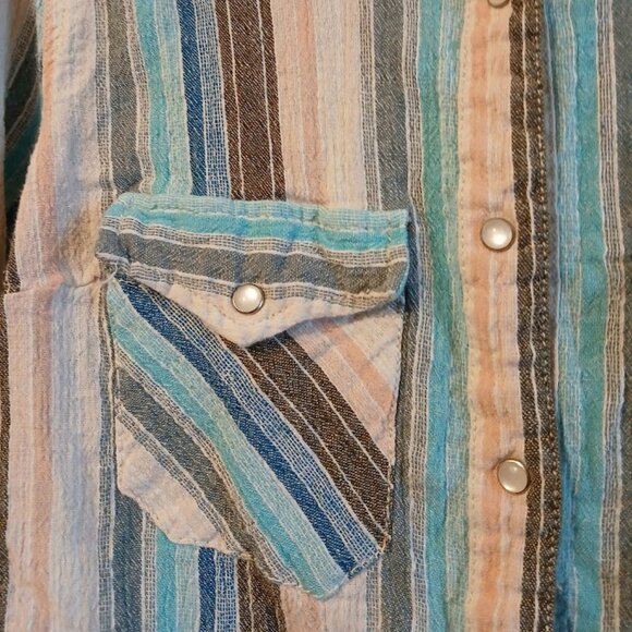 FREE PEOPLE Snap Up Shirt XS Blue Peach Gray Ivory Linen Blend Boho Long sleeve - Picture 4 of 11